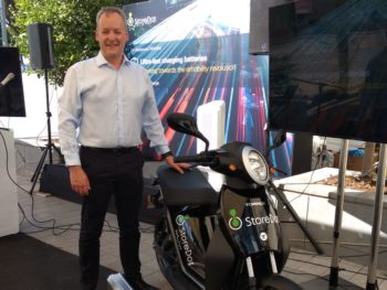 Jon Salkeld, technical director for BP’s Advanced Mobility Unit, with the Torrot Muvi electric scooter featuring the StoreDot battery pack